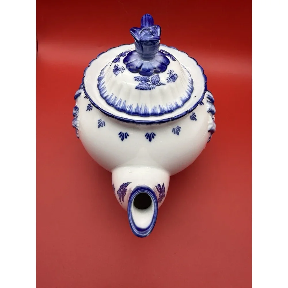 Vintage Delft Blue Teapot Raised Tulips Holland Hand Painted